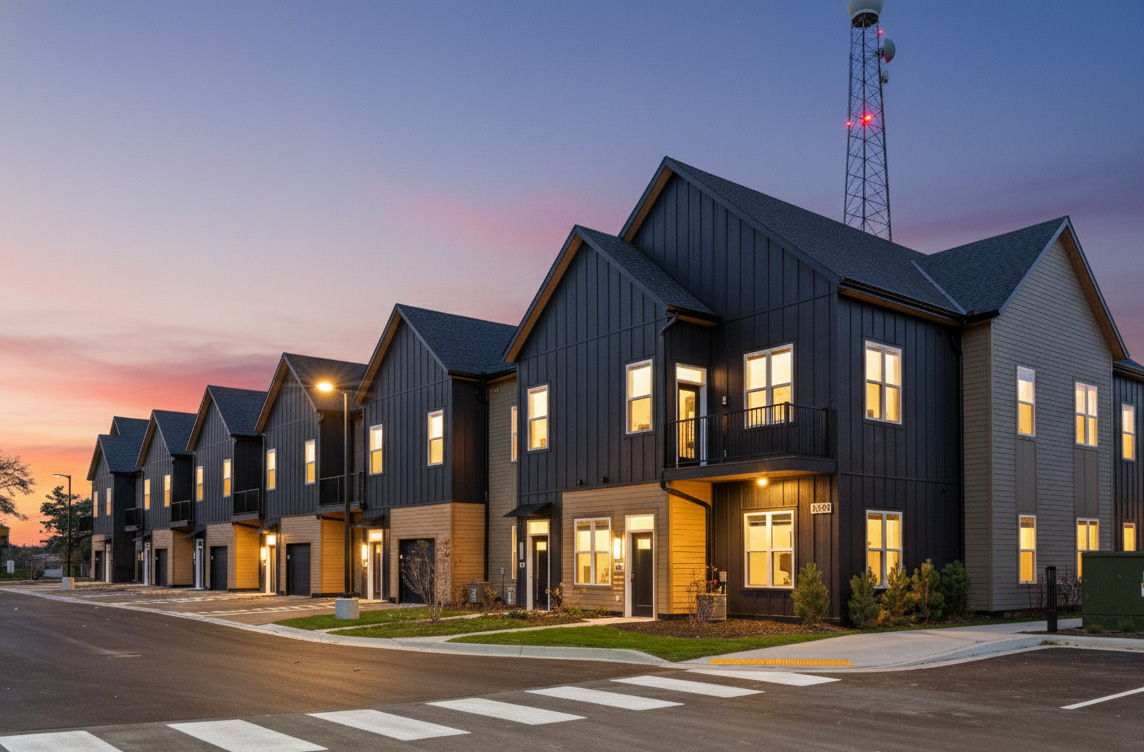 Luxury townhome residences photographed at twilight with warm interior glow
